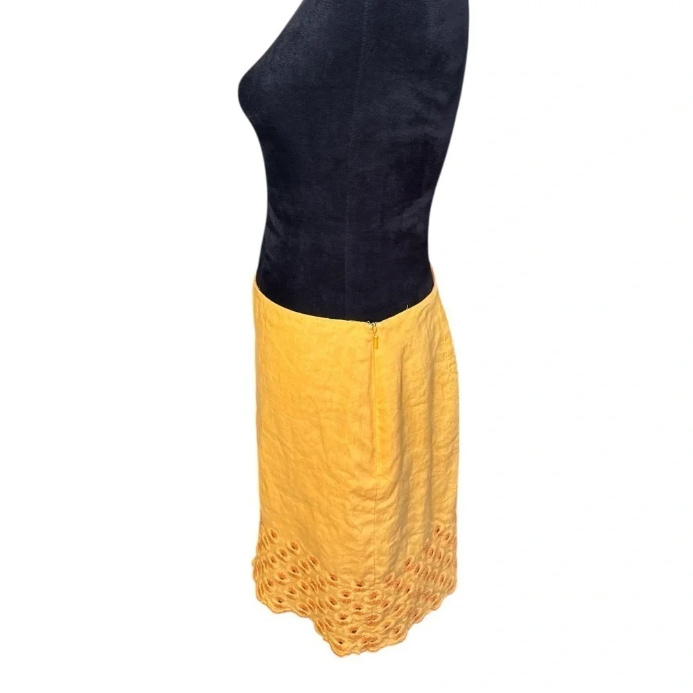 Michael Kors Yellow Linen Skirt Size 10 Eyelet Floral Hem Embroidered